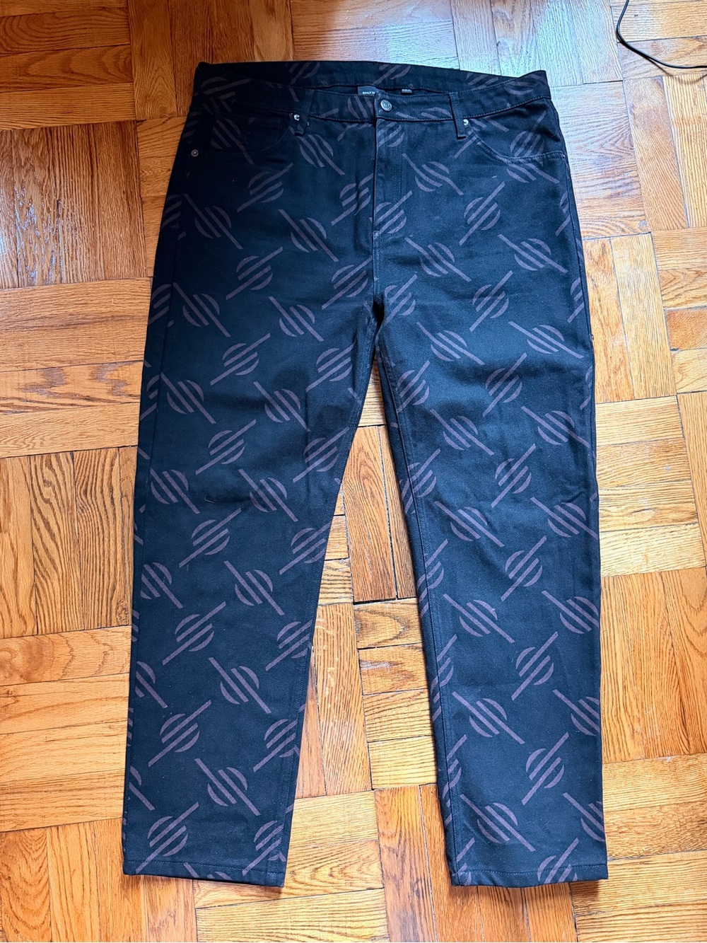 Daily Paper Phillimon Pants Black w Brown Monogram Logo Print Straight Leg Jeans